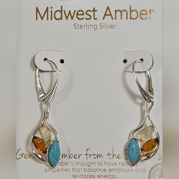 MIDWEST AMBER STERLING SILVER BALTIC AMBER POLAND 1.5" TURQUOISE EARRINGS NIB - Picture 5 of 7